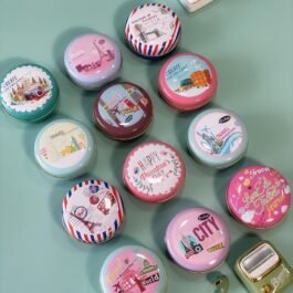 ROUND MINI STORAGE TIN BOX FOR MULTIPURPOSE RETURN GIFTTING | EARRING | TRAVEL THEME ..